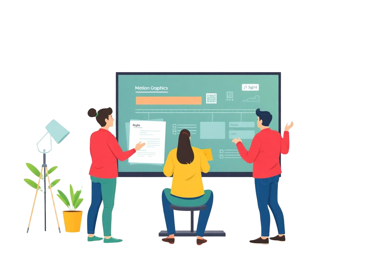 Creative team building motion graphics on a large screen